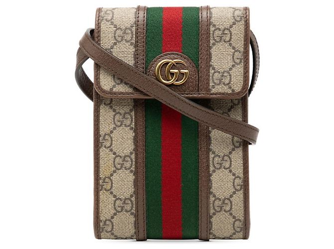 Bolsa Transversal Gucci GG Supreme Ophidia Marrom Bege