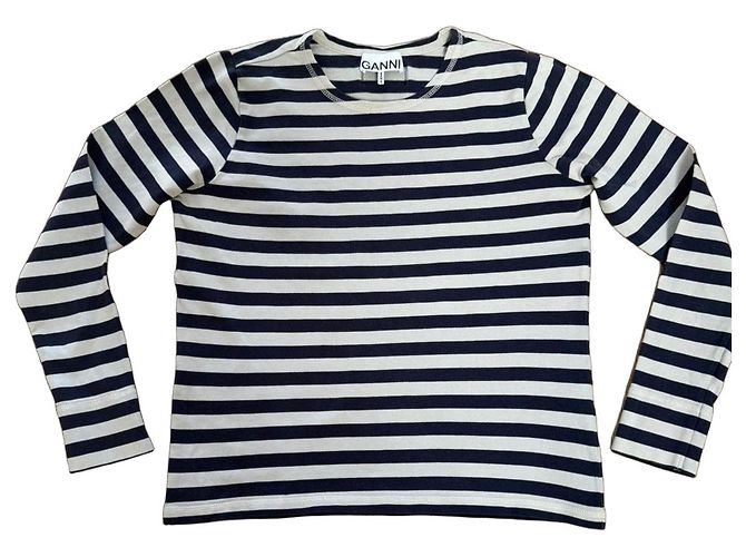 Ganni Top de manga comprida listrado em algodão Branco Azul marinho