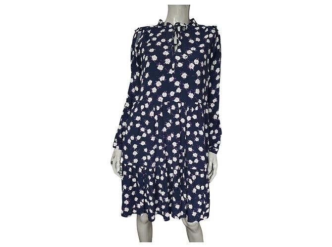 Autre Marque J. Crew Midi-Kleid Marineblau Blumenprint Weiß Lila Dunkelblau