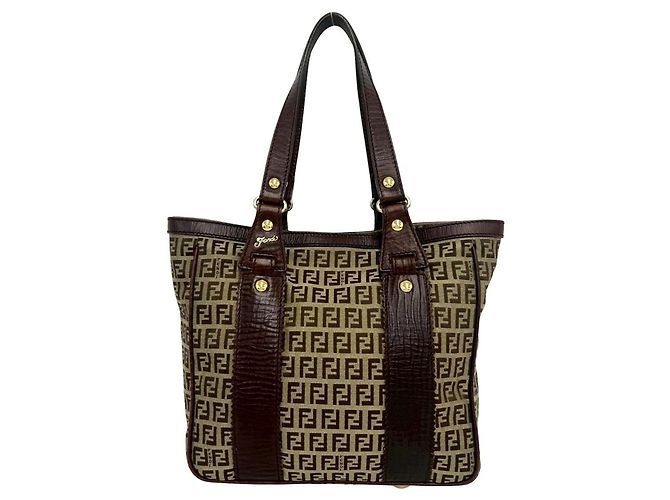 Fendi Zucchino FF Pattern Canvas Leather Tote Bag Brown Khaki