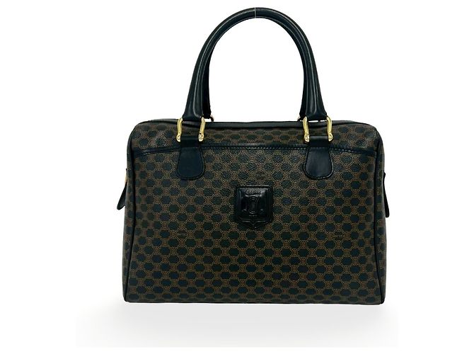 Céline Celine Vintage Macadam Blazon Pattern Lederhandtasche Braun Schwarz