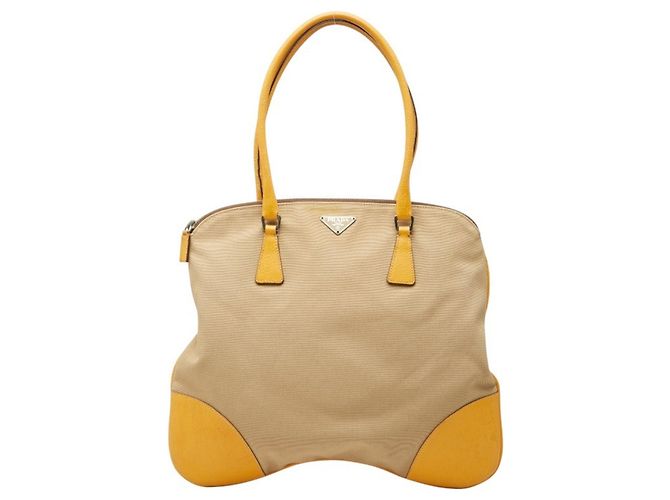 Prada Triangle Logo Plate Tote Bag Beige Yellow
