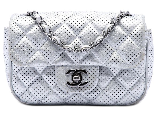 Chanel Mini Square Classic Perforiertes Lammleder Single Flap Silber