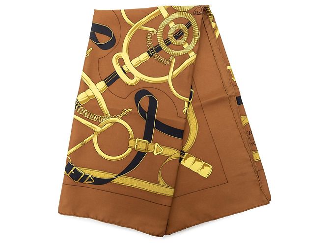 Hermès Brown Eperon D Or Silk Scarf 90