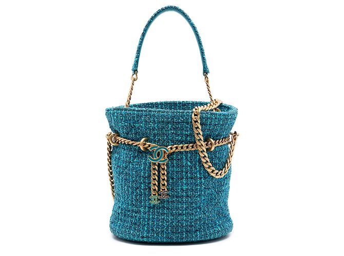 Borsa a secchiello Chanel Blue Tweed Pending CC Top Handle Turchese