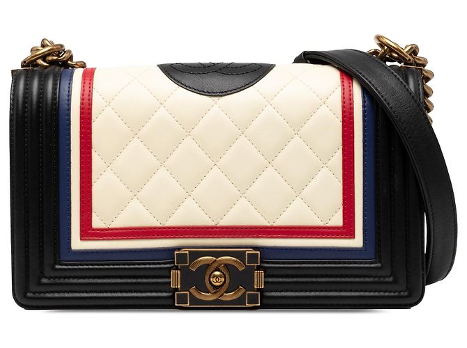 Chanel White Old Medium Multicolor Quilted Lambskin Crest Boy Flap Weiß Roh