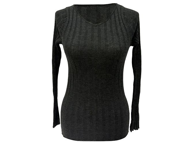 Totême V-Ausschnitt Rippstrickpullover aus grauer Wolle