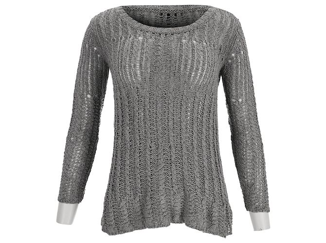 Theory Strickpullover mit Rundhalsausschnitt und offener Webstruktur aus grauer Seide