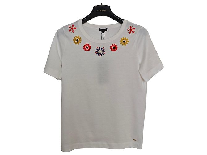 Camiseta Escada blanca de algodón con flores de strass Blanco Roja Azul Amarillo