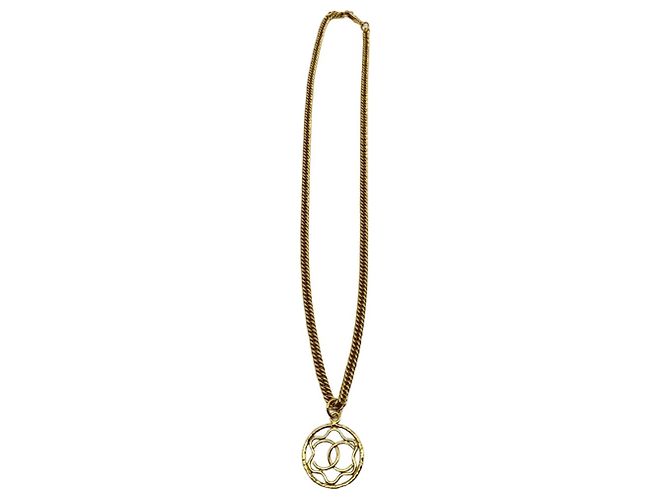 Chanel Coco Mark Openwork Circle Long Chain Necklace Golden