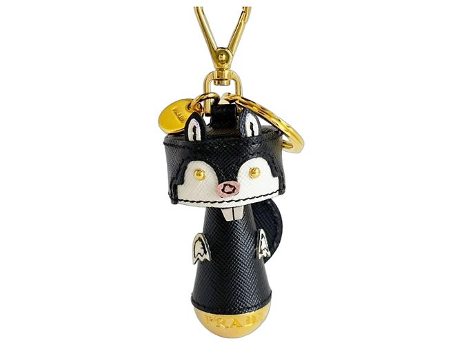 Prada Saffiano Leather Robot Beaver Bag Charm Black White Golden