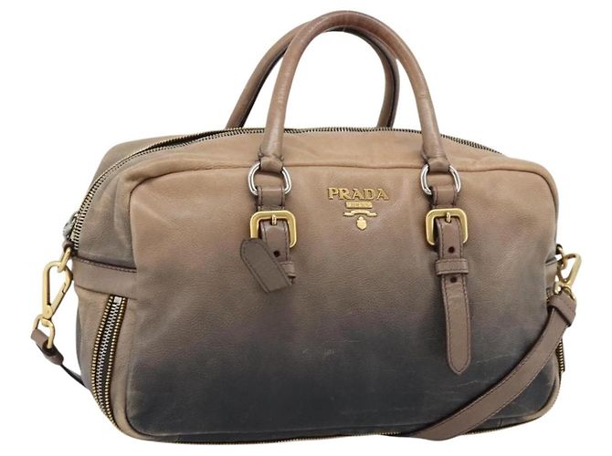 Bolsa PRADA de couro 2way Bege Ouro Auth 187498A Dourado