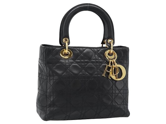 Borsa Christian Dior Lady Dior in pelle di agnello nera e oro Auth 186836SAV Nero D'oro