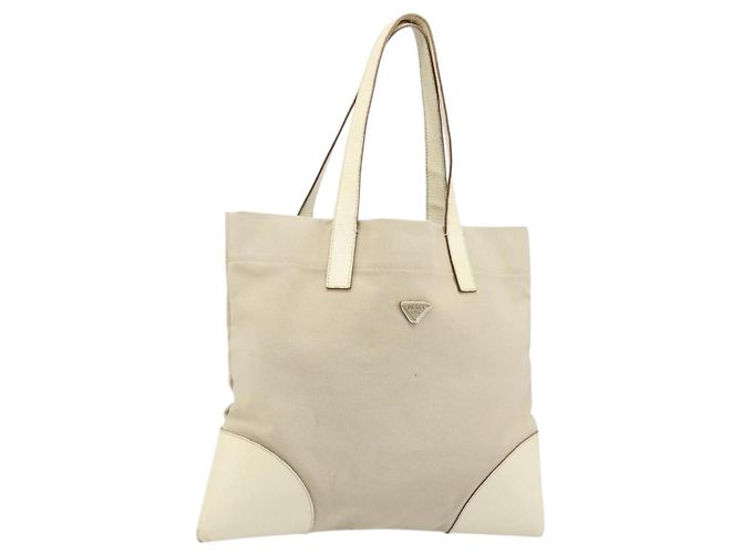 PRADA Tote Bag Canvas Beige Silver Auth 186830 Silber 