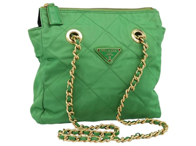 Borsa a Spalla con Catena PRADA Nylon Verde Oro Auth 186013A D'oro