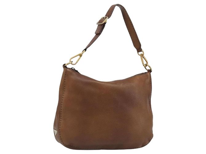Bolsa de Ombro PRADA em Couro Marrom Ouro Auth 186027A Dourado