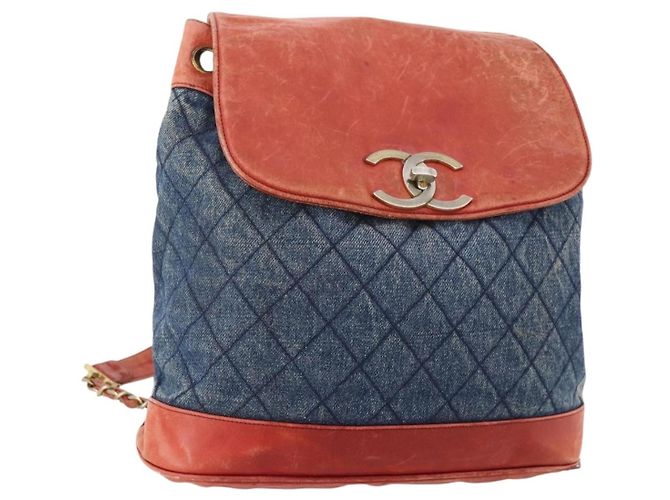 CHANEL Matelasse Chain Backpack Denim Blue Gold CC Auth 183327 Golden