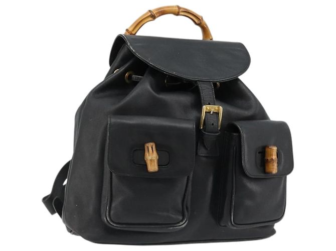 GUCCI Bamboo Backpack Leather Black Gold 003 2058 0016 Auth BA13350 Golden