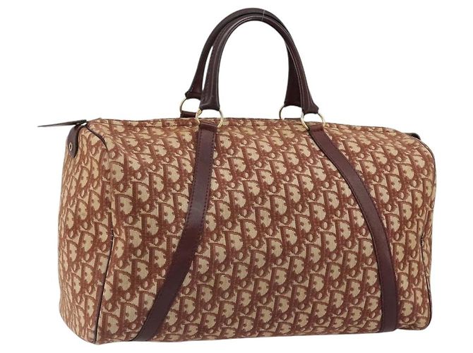 Bolso Boston Christian Dior Trotter Canvas Beige Oro Auth 182507 Dorado