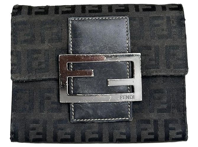Zucca Vintage Fendi FF Monogram Canvas Wallet Black Silver
