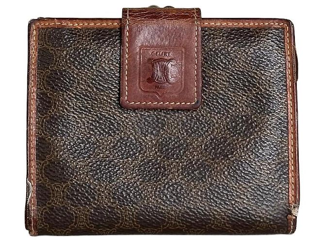 Céline Vintage Celine Coated Canvas Wallet Dark Brown Tan Silver Camel
