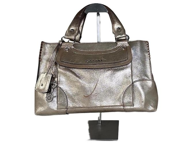 Céline Sac à main vintage en cuir Celine marron argent Argenté