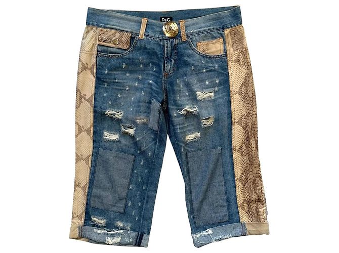 Dolce & Gabbana Python Print Patchwork Denim Shorts Brown Blue