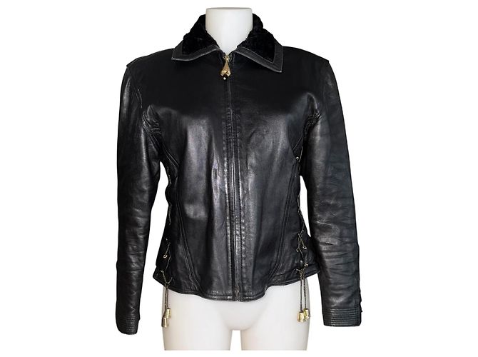 Gianni Versace Versace Versus Leather Jacket with Fur Collar Black