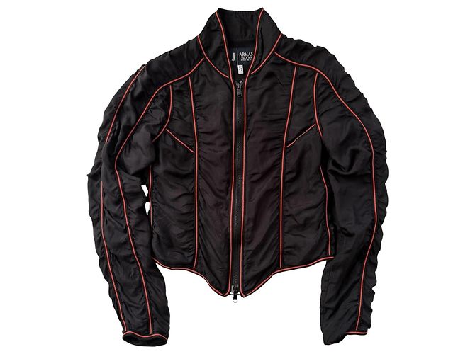 Giacca cropped in seta Armani Jeans con profili rossi Nero