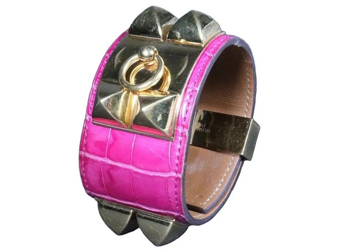 Hermès Collier de Chien bracciale coccodrillo rosa e oro D'oro