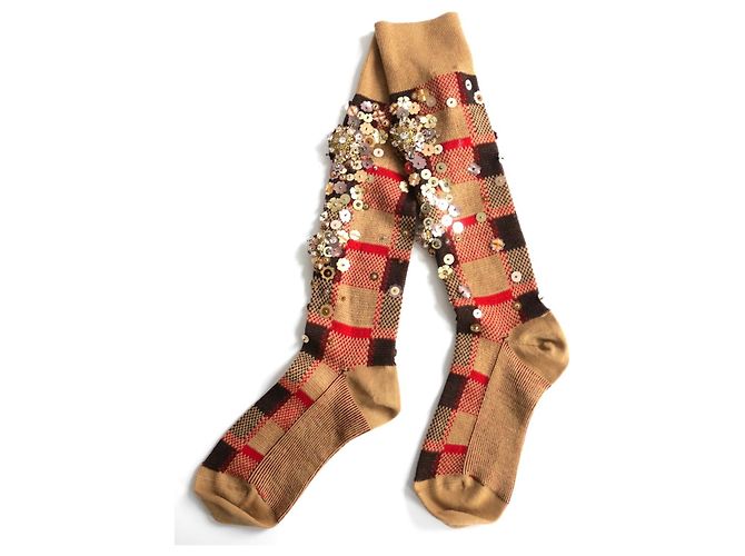 Miu Miu Fall 2009 Embellished Plaid Knee-High Socks Brown Red Beige
