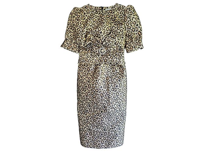 Alessandra Rich Vestido Midi Estampado Leopardo Dorado Estampado de leopardo