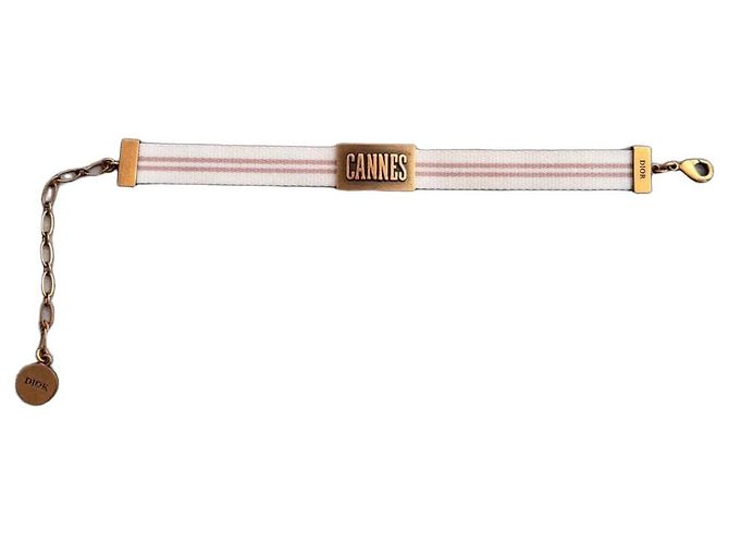 Bracciale Dior Cannes in tela e metallo dorato Rosa Bianco