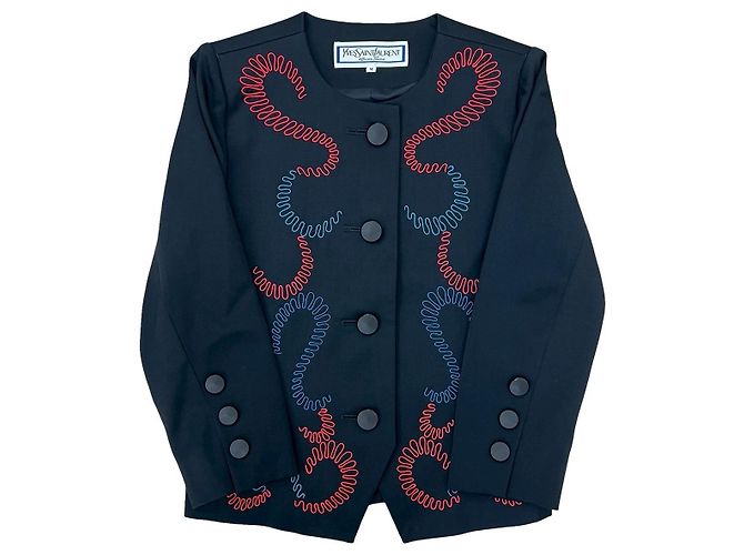 Yves Saint Laurent Embroidered Wool Collarless Jacket Black