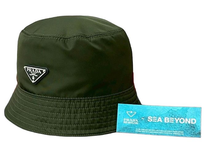 Cappello bucket in cotone e Re-Nylon Prada Verde Cachi 