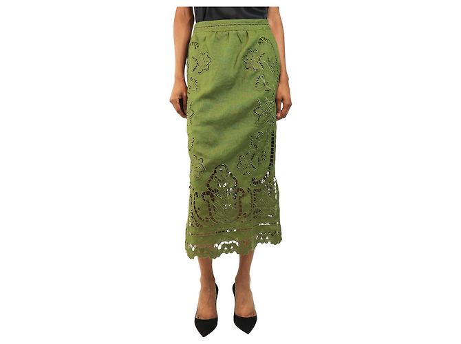 Farm Rio Falda midi de lino verde con bordado inglés - talla XS