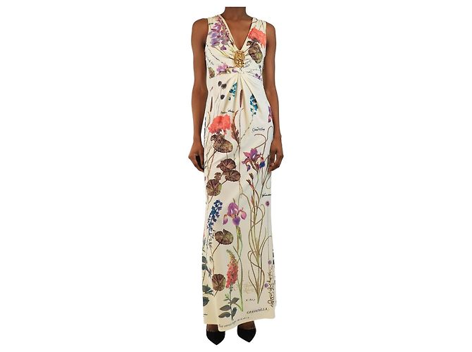 Roberto Cavalli Off-white Blumen Maxi-Kleid - Größe UK 8 Weiß