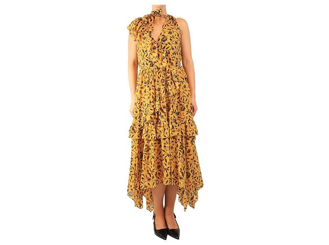 Ulla Johnson Maxikleid mit Rüschen und gelbem Blumenprint - Größe UK 14