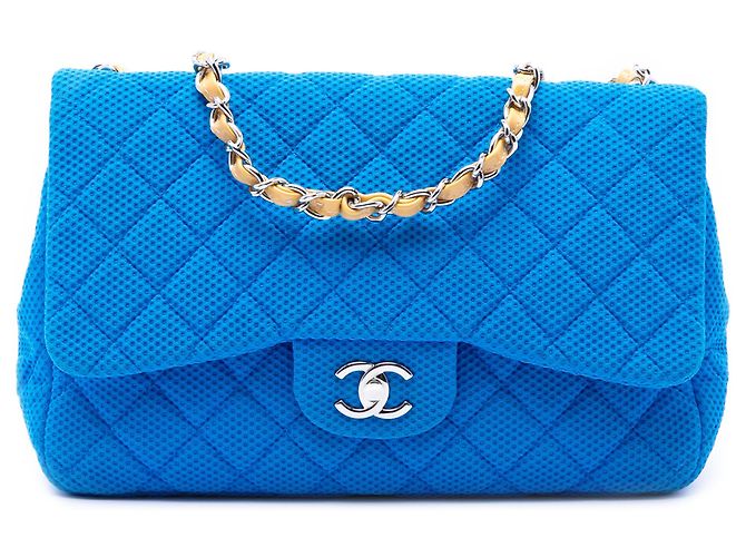 Chanel Blue Jumbo Classic Perforated Jersey Single Flap Azul