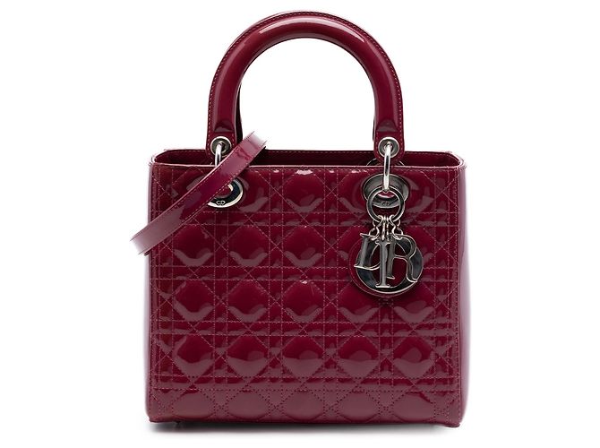 Lady Dior Cannage in vernice rosso, misura Medium Bordò