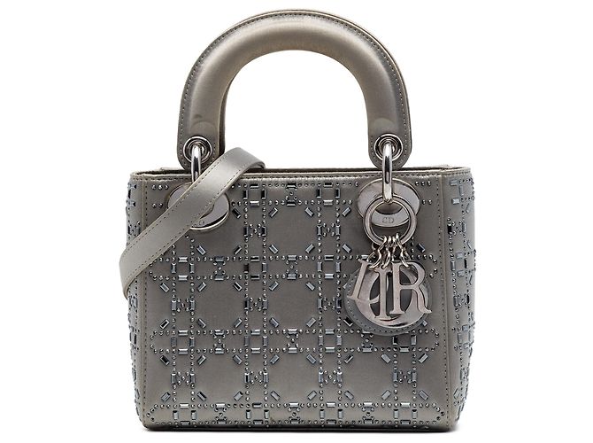 Lady Dior Dior Cinza Mini Cetim Cannage com Cristais Marrom