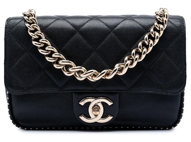 Chanel Black Small CC Quilted Caviar Studed Single Flap Noir