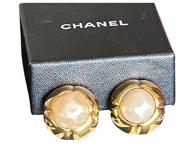 Orecchini Chanel Vintage CC Logo e Perle Bianco D'oro