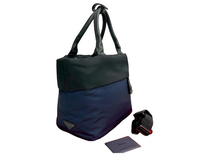 Sac 2way en nylon et cuir Prada Noir Bleu Marine