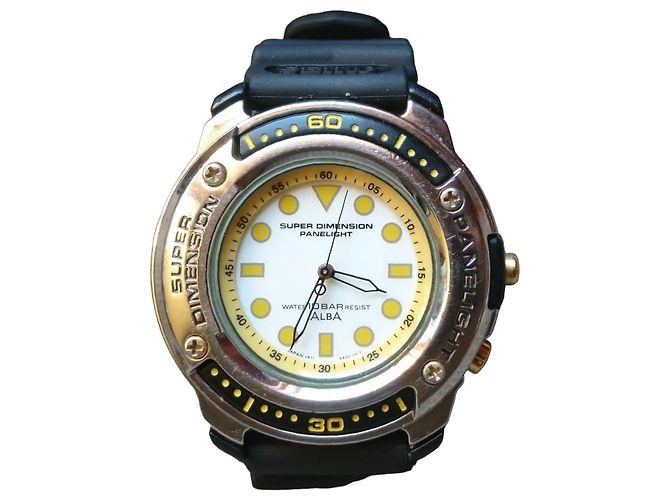 Montre Seiko Alba Super Dimension Panelight Quartz V671-6A20 Noir Blanc Jaune Bijouterie dorée