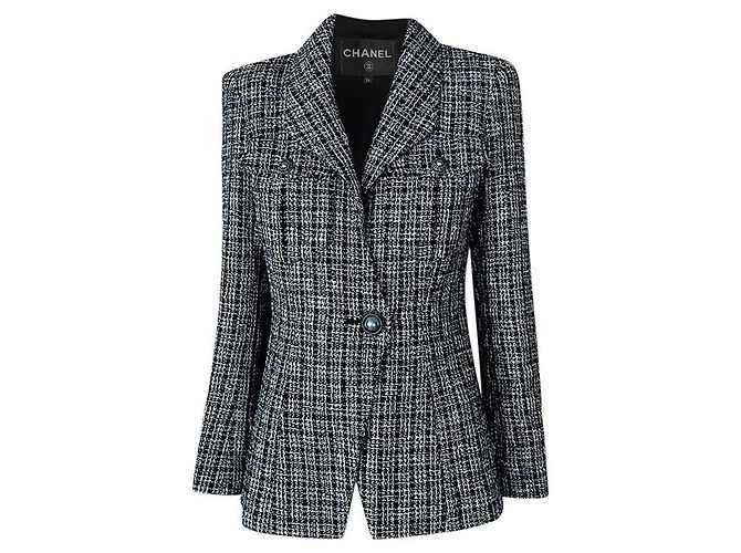 Jaqueta Chanel de tweed preto cintilante com botões CC 34 FR