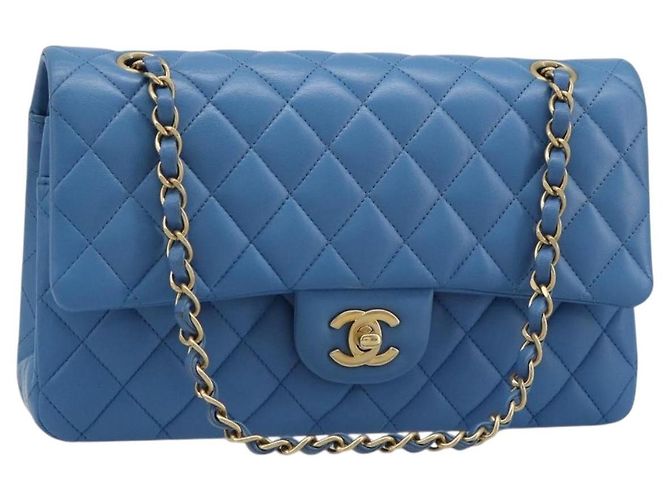 CHANEL Bolsa Chain Double Flap Matelasse 25 em pele de cordeiro azul e dourado CC Auth 187037SAM