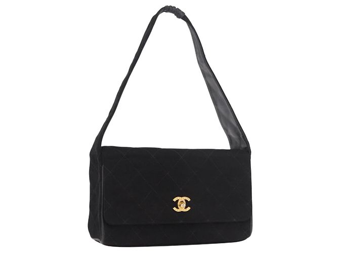 CHANEL Matelasse Shoulder Bag Cotton Black Gold CC Auth 186116V Negro Dorado