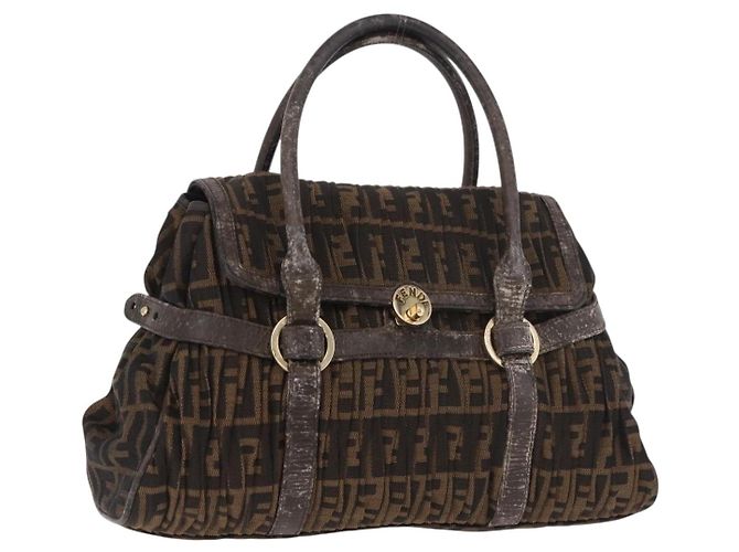 Bolso de Mano FENDI Zucca Canvas Negro Marrón Auténtico 186332 Castaño