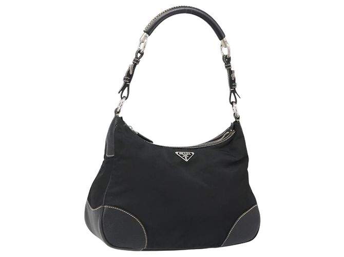 Bolsa de Ombro PRADA Nylon e Couro Preto Prata Auth 179529A